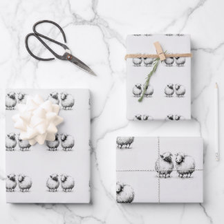 Süße schwarze weiße Schaf Lamm Tinten Skizze Zeich Geschenkpapier Set