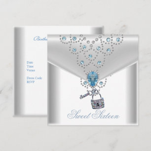 Süße Sechzehn 16 Elegant Weiß Silber Blau Juwel Einladung
