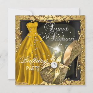 Süße Sechzehn 16 Geburtstagsfeier Goldkleid Robe Einladung