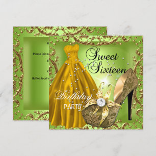Süße Sechzehn 16 Geburtstagsfeier Lime Gold Kleid Einladung