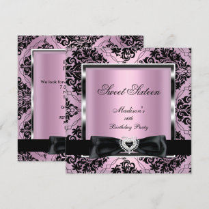 Süße Sechzehn 16 Party Pink Damast Silber Schwarz Einladung