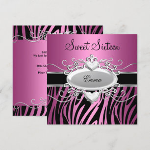 Süße Sechzehn 16 Party Silber Rosa Schwarz Zebra Einladung