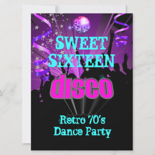 Süße Sechzehn 16 Retro 70er Disco Tanzparty 3 Einladung