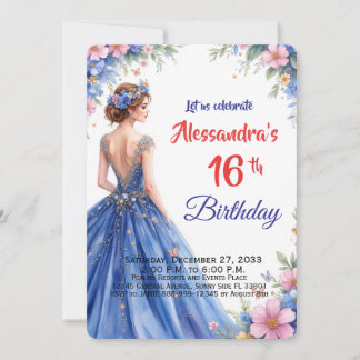 Süße Sechzehn Blaues Kleid Floral Elegant Geburtst Einladung