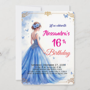 Süße Sechzehn Blaues Kleid Florales Elegantes Gebu Einladung