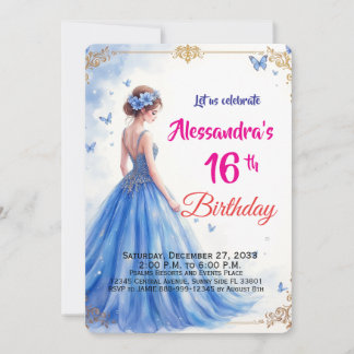Süße Sechzehn Blaues Kleid Florales Elegantes Gebu Einladung