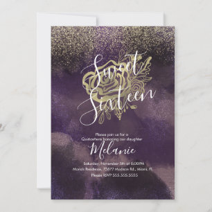 Süße Sechzehn Faux Glitter Lila Gold Rose Einladung