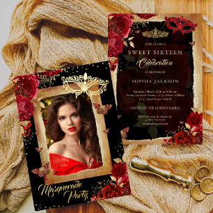 Süße Sechzehn Foto-Maskenball-Party rote Rose Gold Folieneinladung