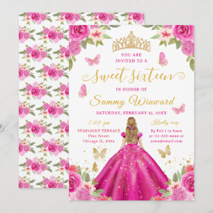 Süße Sechzehn Prinzessin Hellrosa Blumen Goldene T Einladung