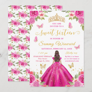 Süße Sechzehn Prinzessin Hot Pink Floral Gold Tiar Einladung