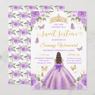 Süße Sechzehn Prinzessin Lila Blumen Gold Tiara Einladung