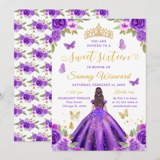 Süße Sechzehn Prinzessin Lila Blumen Gold Tiara Einladung