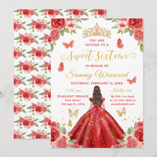 Süße Sechzehn Prinzessin Rot Blumen Gold Tiara Einladung