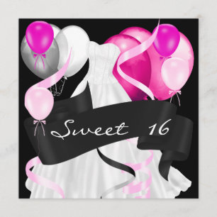 Süße Sechzehn Schwarz Rosa Weiße Kleid Ballons Einladung