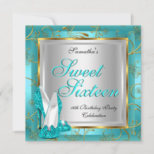 Süße Sechzehn Süße 16 Party Türkis Blau Gold Silbe Einladung