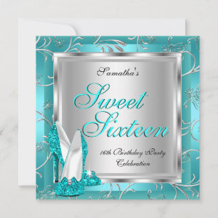 Süße Sechzehn Teal Blau Silber Weiß Einladung