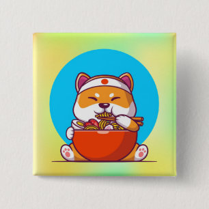 Süße Shiba Inu essen Ramen-Nudel-Cartoon Button
