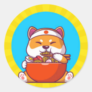 Süße Shiba Inu essen Ramen-Nudel-Cartoon Runder Aufkleber