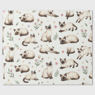 Süße siamesische Katze, Blumenmuster mit Herzen Geschenkpapier