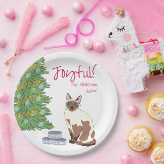 Süße siamesische Katze mit Thunfisch fröhliche Wei Pappteller