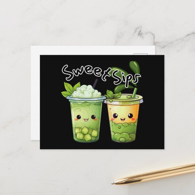 Süße Sips Kawaii Bubble Tea Duo Postkarte (Vorderseite/Rückseite Beispiel)