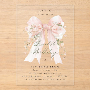 Süße Sixteen-Party Pink Coquette Bogen Rose Floral Acryleinladungen