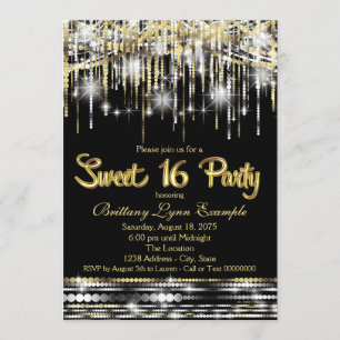 Süße Sixteen-Party Schwarz und Gold Glamour Funkel Einladung