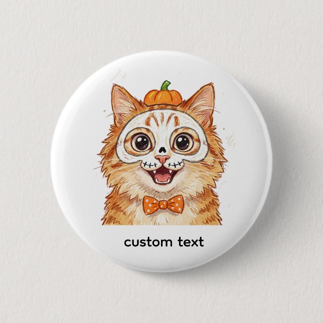 Süße Skelett-Gesichtsbemalung Ingwerkatze Hallowee Button (Vorderseite)