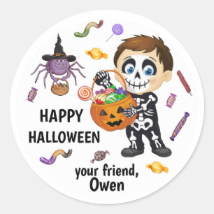 Süße Skelett-Jungen-Hexen-Spinne-Halloween-Aufkleb Runder Aufkleber