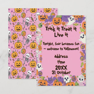 Süße Skelette und Candy Pink für Halloween Einladung