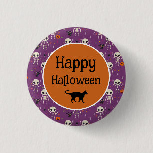 Süße Skelette und Katze Halloween Lila und Orange Button