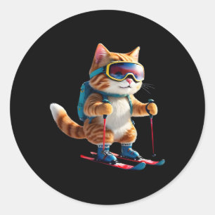 Süße Skifahrende Katze Lustiges Winter-Schneesport Runder Aufkleber