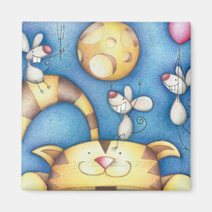 Süße skurrile Katze-und-Maus-Mond-Kunst Magnet