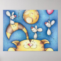 Süße skurrile Katze und Maus Mond Kunst