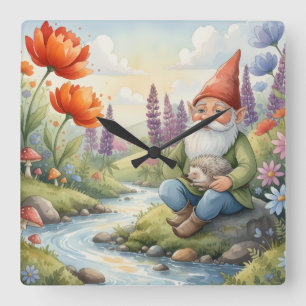 Süße skurrile Kinderzimmer-Gnom-Wald-Wanduhr Quadratische Wanduhr