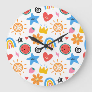 Süße Sommer-Doodle Whimsical-Nahtloses Muster Große Wanduhr
