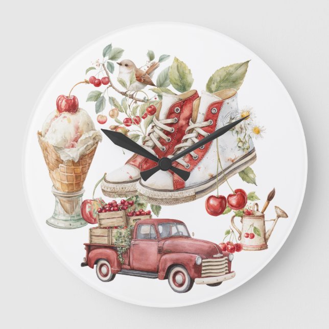 Süße Sommerkirschen Große Wanduhr (Vorderseite)