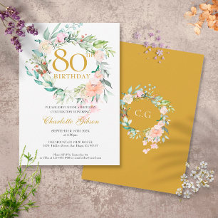 Süße Sommerrosen-Girlande-Monogramm 80. Geburtstag Einladung