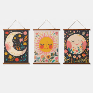 Süße Sonne & Mond Boho Blumenillustration Wandteppich Mit Holzrahmen