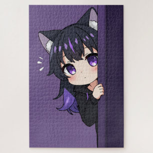 Süße spähende Neko Chibi – Schüchterne lila Katzen Puzzle