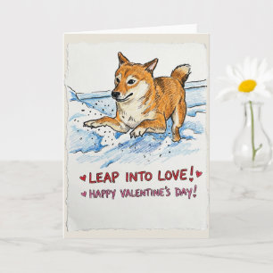 Süße "Sprung in die Liebe" Shiba Inu Valentinstag Karte