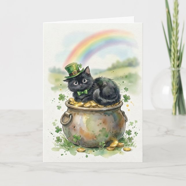 Süße St. Patrick's Day-Schwarze Katze Topf mit Gol Karte (Vorderseite)