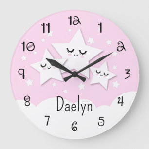 Süße Sterne und Wolken in Rosa Kinderzimmer Große Wanduhr