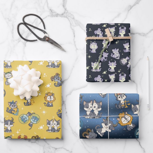 Süße Sternzeichen-Katzen-Wrap-Papier-Flachblatt-Se Geschenkpapier Set (Vorderseite)