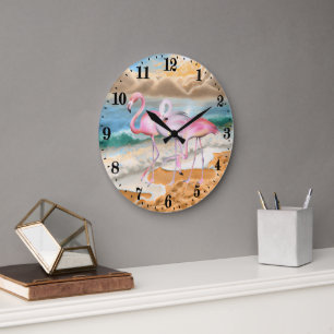 süße Strand rosa Flamingos Große Wanduhr