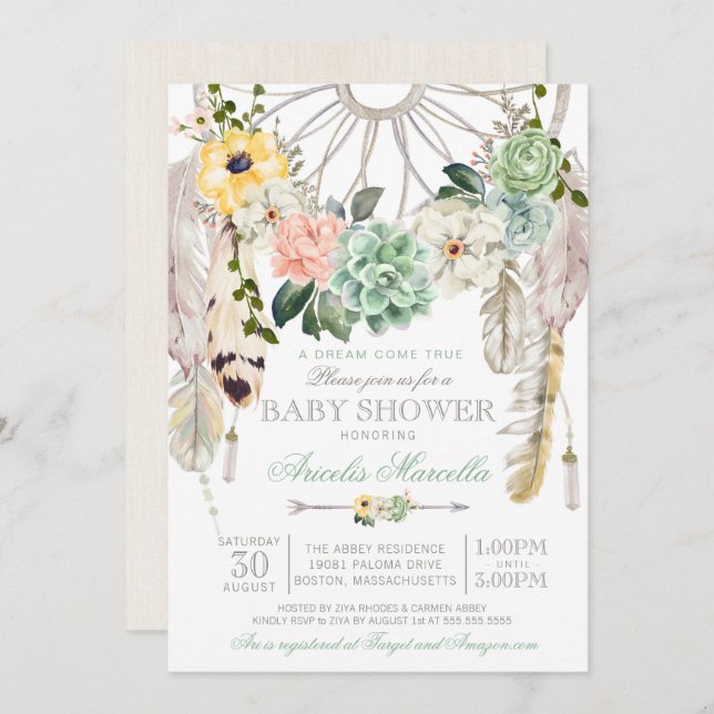 Süße Succulents-Traumfänger Boho Babyparty Einladung (Vorne/Hinten)