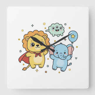 Süße Superhelden-Löwen- und Elefantenfreunde-Carto Quadratische Wanduhr