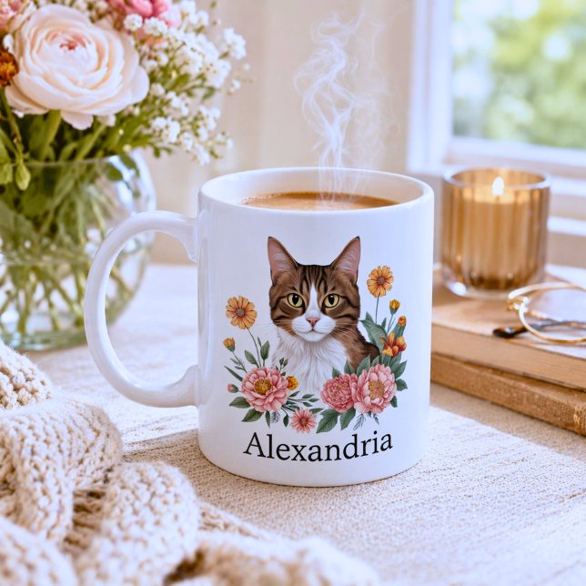 Süße Tabby-Katze mit Blumen  Kaffeetasse (Von Creator hochgeladen)