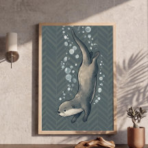 Süße tauchende Otter-Kinderzimmer-Kunst Chevron-Hi