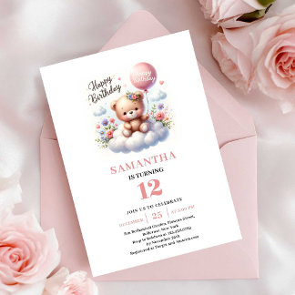 Süße Teddybär-Ballon-Blumen Mädchen Geburtstag Einladung